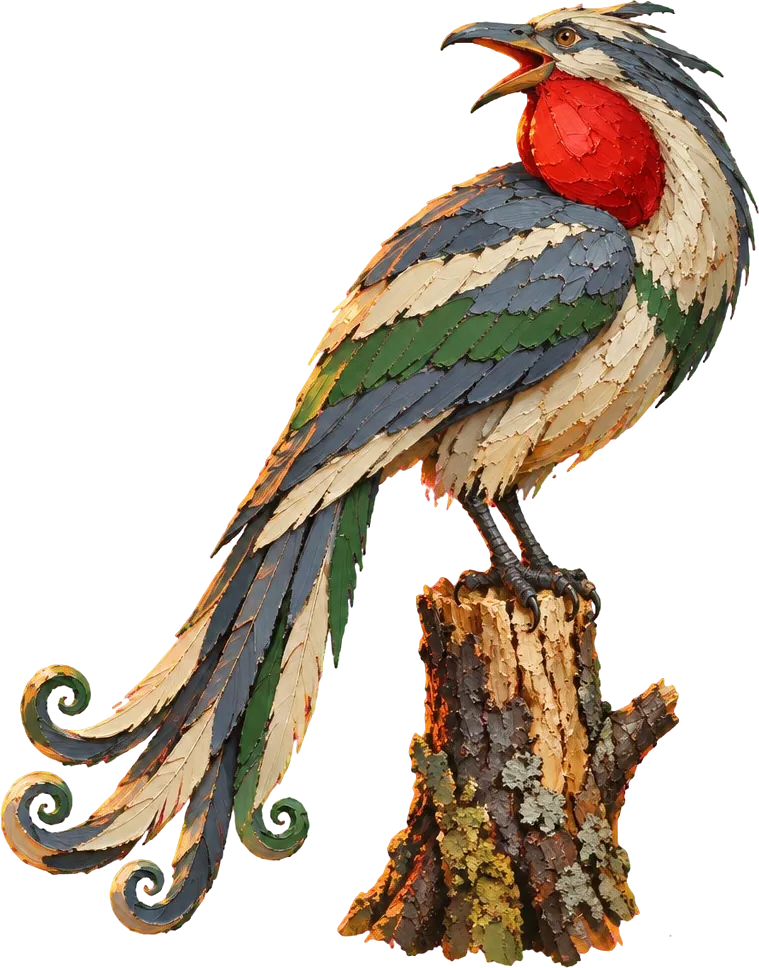 Backsinger, burung berekor panjang dengan kantong leher merah, bertengger di tunggul ek gabus dan memutar kepalanya ke belakang.