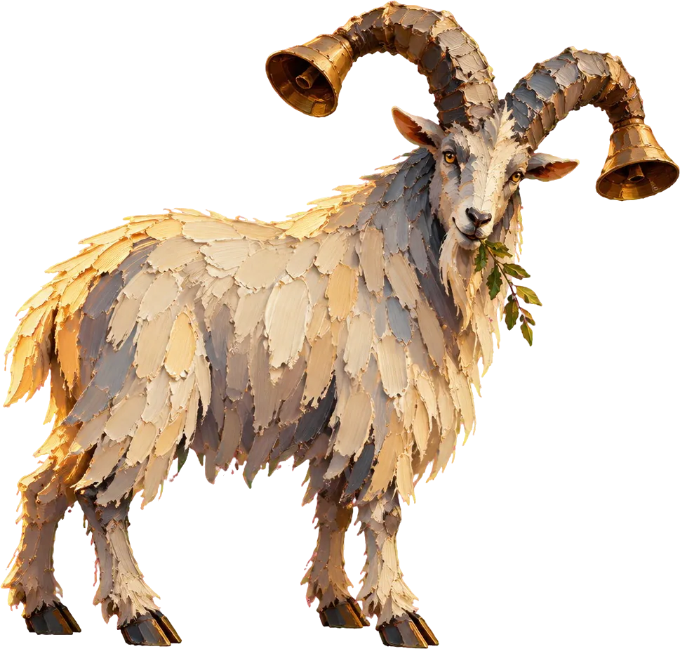 Bellhorn, kambing gunung berbulu krem dengan tanduk melingkar yang ujungnya berbentuk lonceng perunggu, mengunyah ranting mirtus.